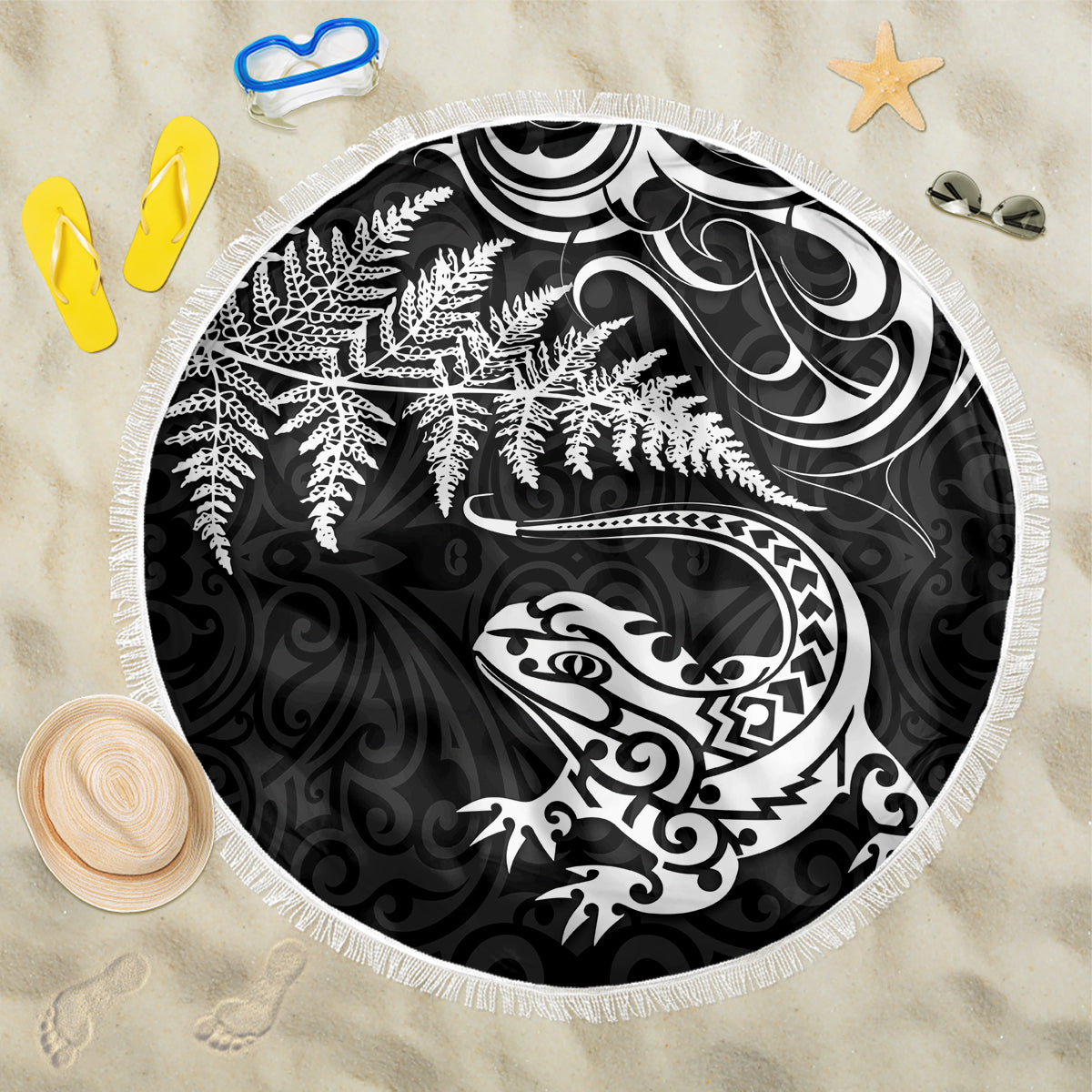 New Zealand Tuatara Tribal Tattoo Beach Blanket Silver Fern and Maori Pattern Black Color