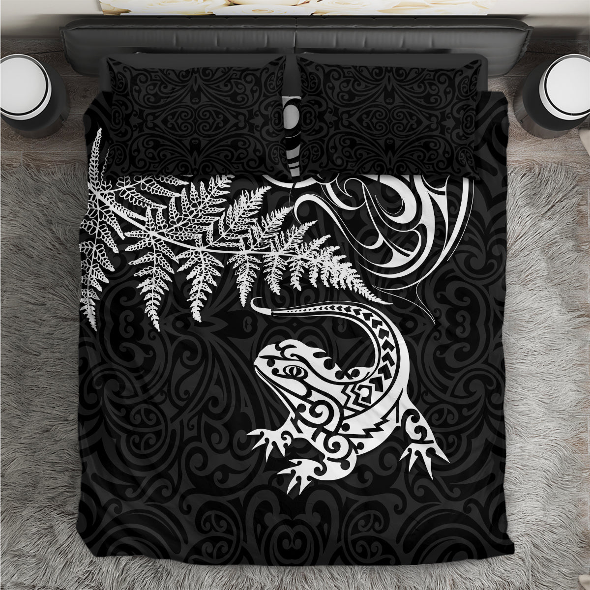 New Zealand Tuatara Tribal Tattoo Bedding Set Silver Fern and Maori Pattern Black Color LT03 Black - Polynesian Pride