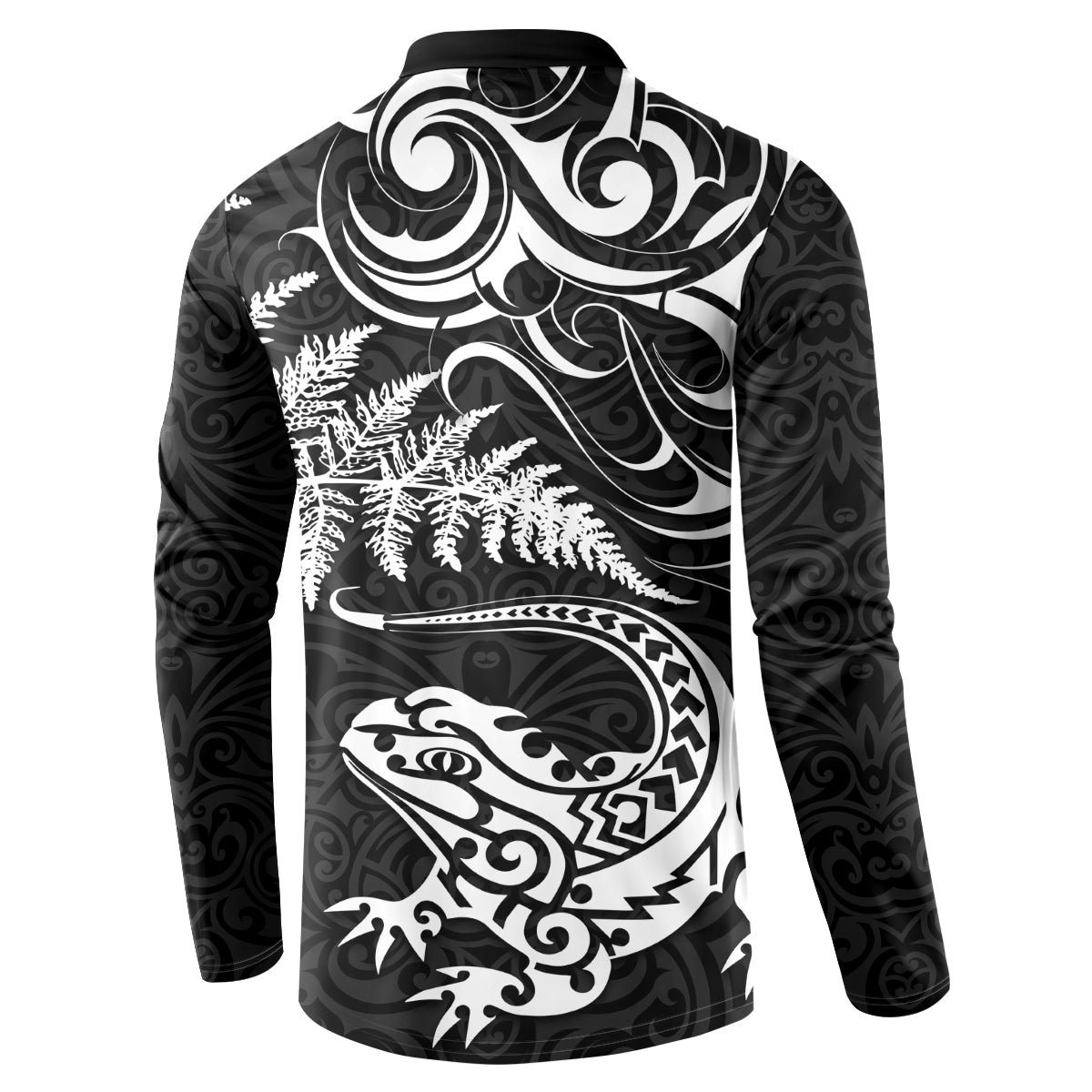 New Zealand Tuatara Tribal Tattoo Button Sweatshirt Silver Fern and Maori Pattern Black Color
