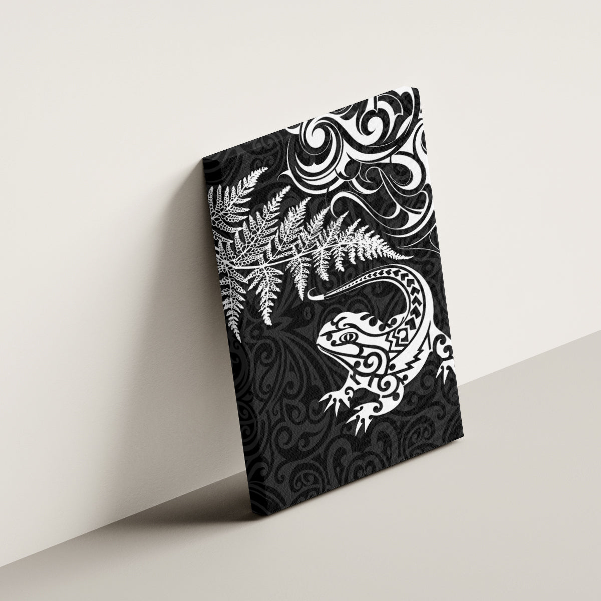 New Zealand Tuatara Tribal Tattoo Canvas Wall Art Silver Fern and Maori Pattern Black Color