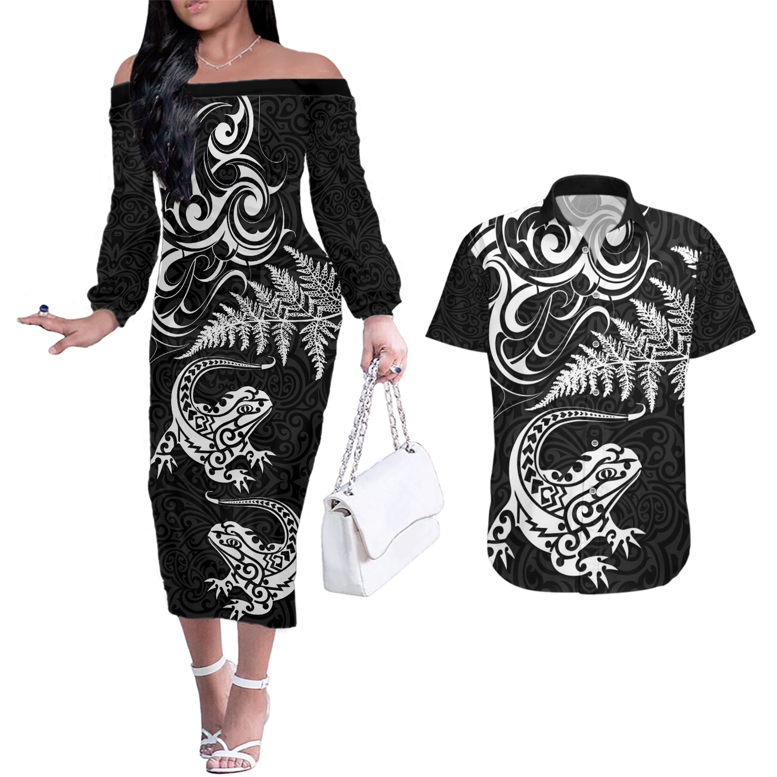New Zealand Tuatara Tribal Tattoo Couples Matching Off The Shoulder Long Sleeve Dress and Hawaiian Shirt Silver Fern and Maori Pattern Black Color LT03 Black - Polynesian Pride