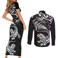 New Zealand Tuatara Tribal Tattoo Couples Matching Short Sleeve Bodycon Dress and Long Sleeve Button Shirt Silver Fern and Maori Pattern Black Color