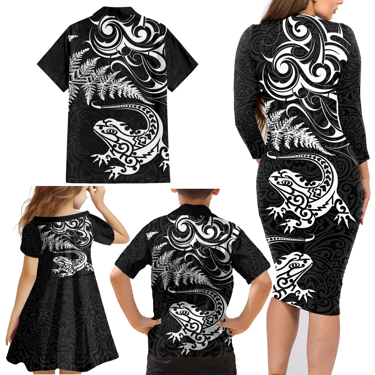 New Zealand Tuatara Tribal Tattoo Family Matching Long Sleeve Bodycon Dress and Hawaiian Shirt Silver Fern and Maori Pattern Black Color
