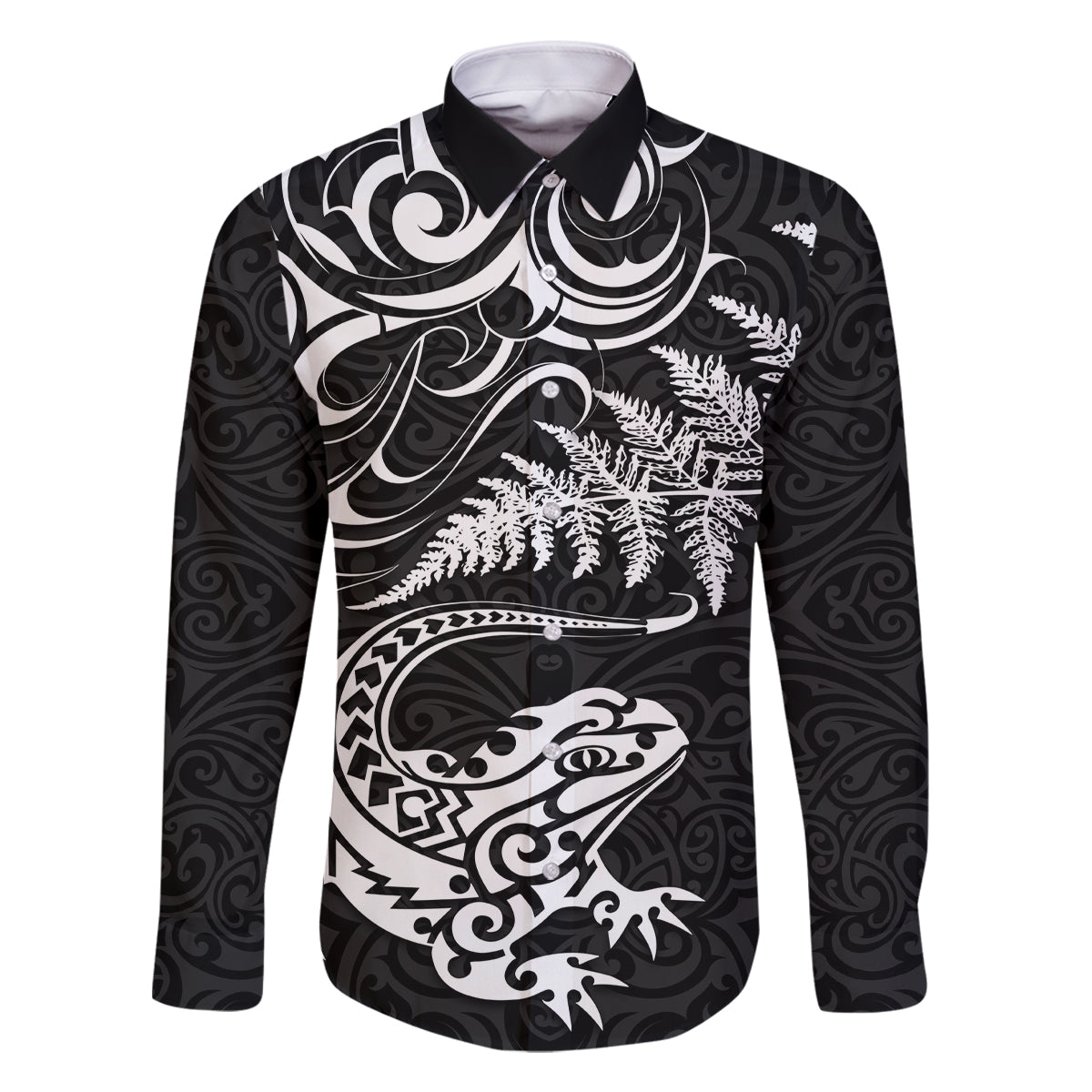 New Zealand Tuatara Tribal Tattoo Family Matching Mermaid Dress and Hawaiian Shirt Silver Fern and Maori Pattern Black Color