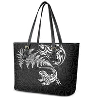 New Zealand Tuatara Tribal Tattoo Leather Tote Bag Silver Fern and Maori Pattern Black Color