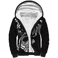 New Zealand Tuatara Tribal Tattoo Sherpa Hoodie Silver Fern and Maori Pattern Black Color