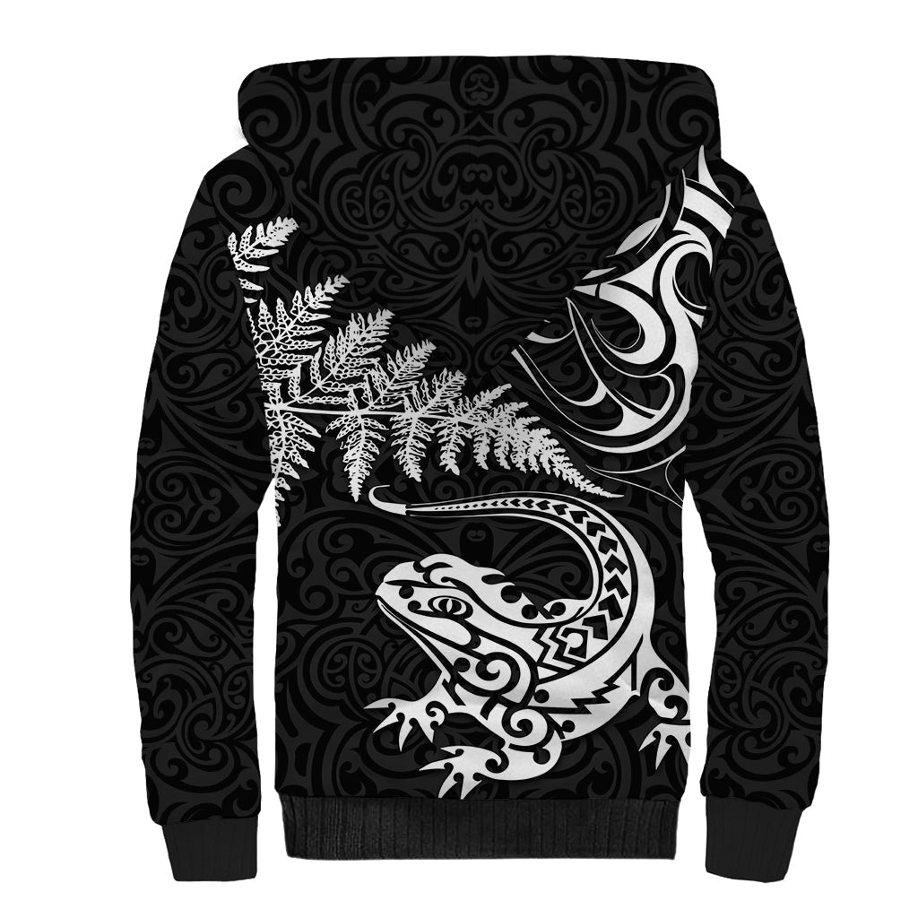 New Zealand Tuatara Tribal Tattoo Sherpa Hoodie Silver Fern and Maori Pattern Black Color