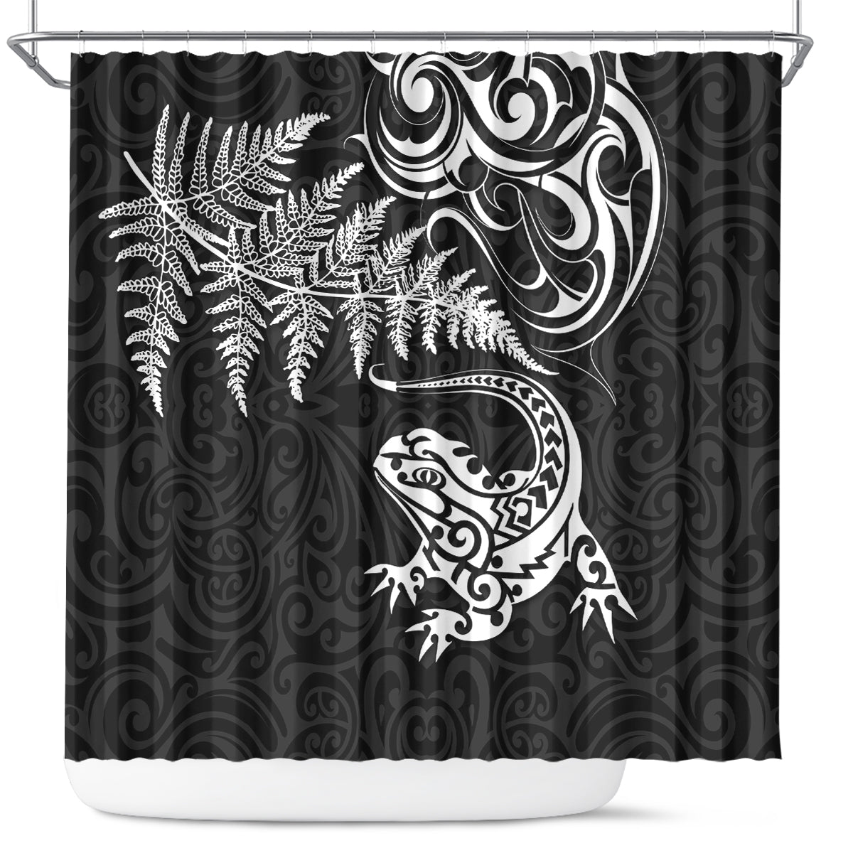 New Zealand Tuatara Tribal Tattoo Shower Curtain Silver Fern and Maori Pattern Black Color