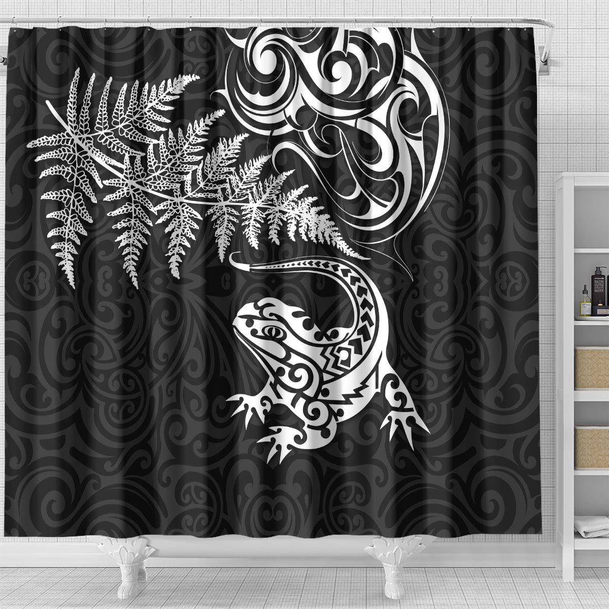New Zealand Tuatara Tribal Tattoo Shower Curtain Silver Fern and Maori Pattern Black Color