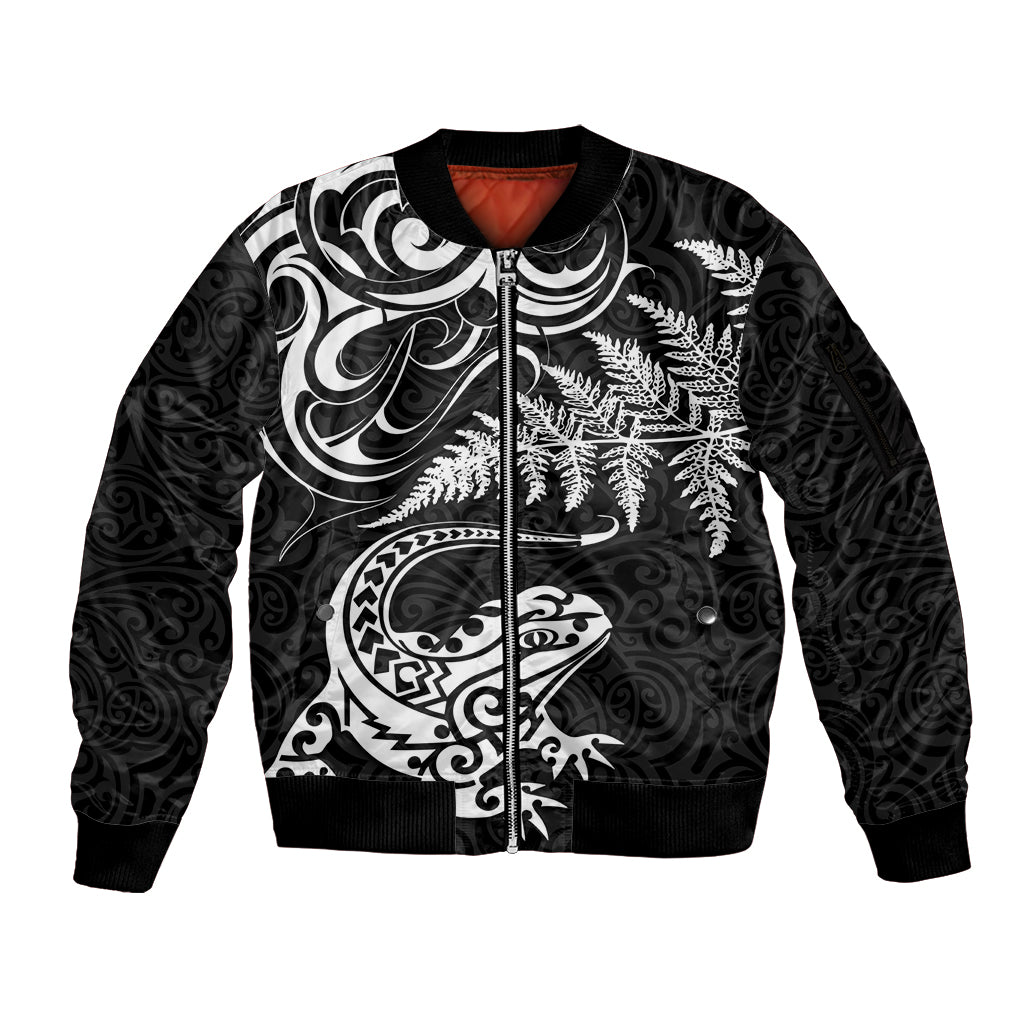 New Zealand Tuatara Tribal Tattoo Sleeve Zip Bomber Jacket Silver Fern and Maori Pattern Black Color LT03 Unisex Black - Polynesian Pride