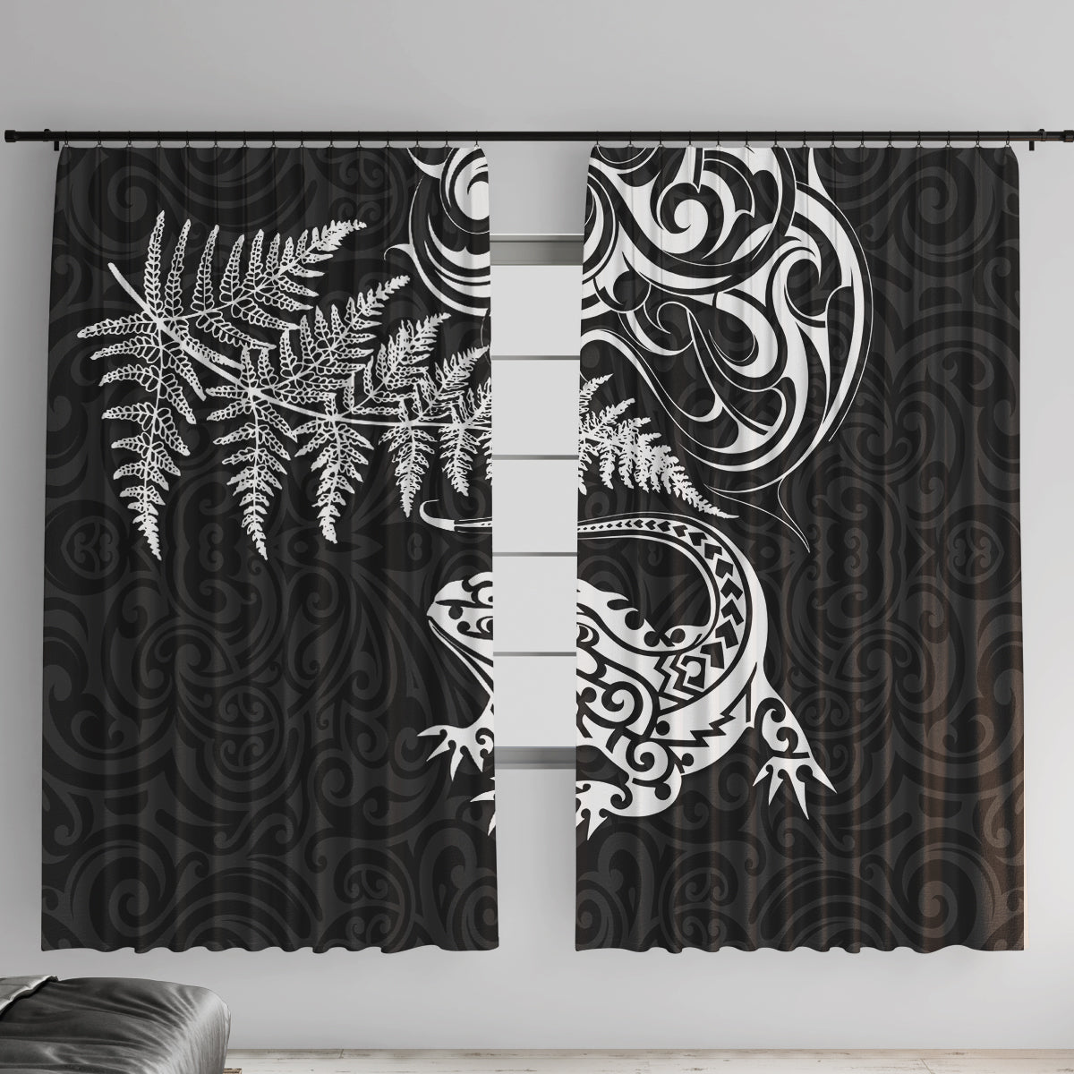 New Zealand Tuatara Tribal Tattoo Window Curtain Silver Fern and Maori Pattern Black Color