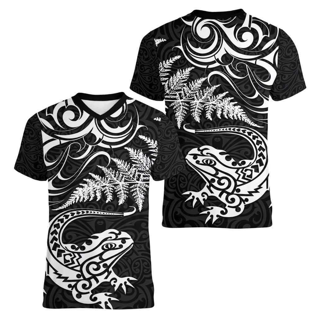 New Zealand Tuatara Tribal Tattoo Women V-Neck T-Shirt Silver Fern and Maori Pattern Black Color