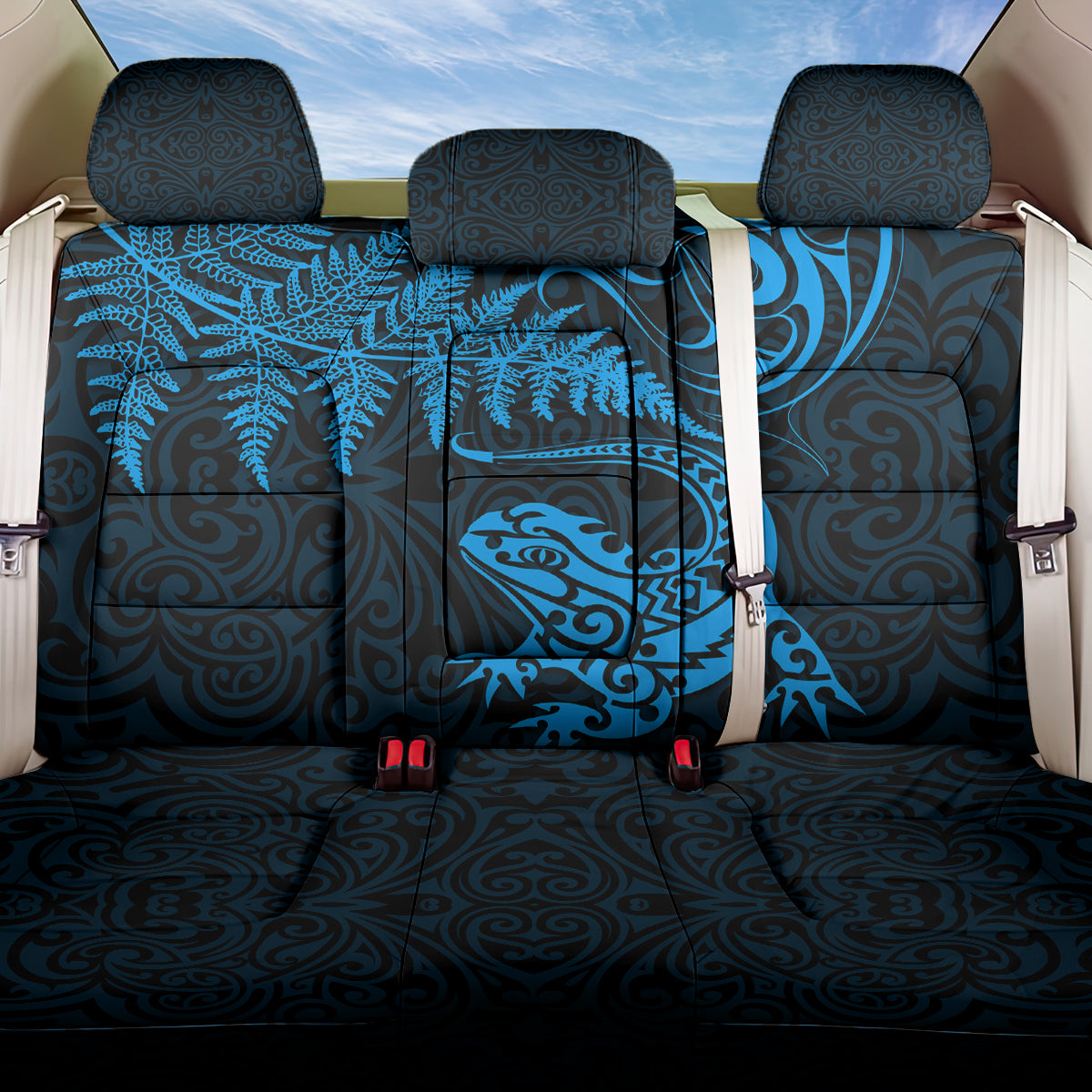 New Zealand Tuatara Tribal Tattoo Back Car Seat Cover Silver Fern and Maori Pattern Blue Color