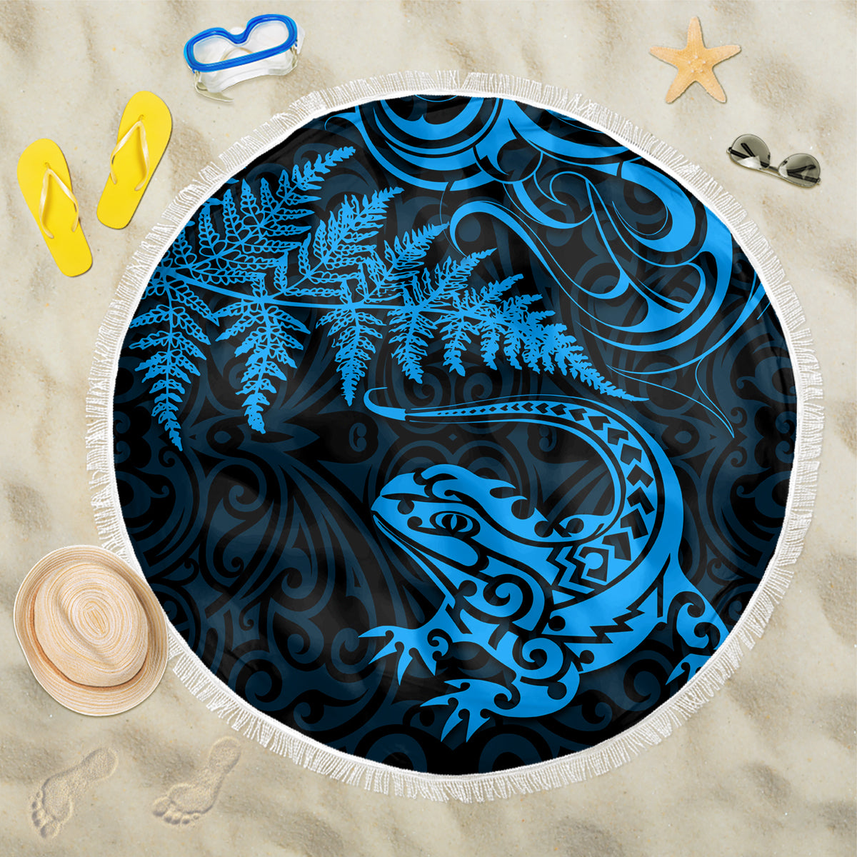 New Zealand Tuatara Tribal Tattoo Beach Blanket Silver Fern and Maori Pattern Blue Color
