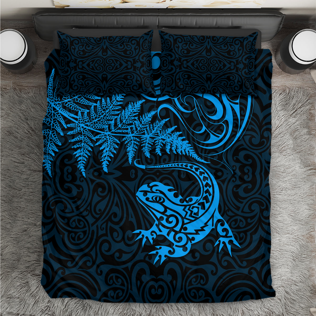 New Zealand Tuatara Tribal Tattoo Bedding Set Silver Fern and Maori Pattern Blue Color LT03 Blue - Polynesian Pride