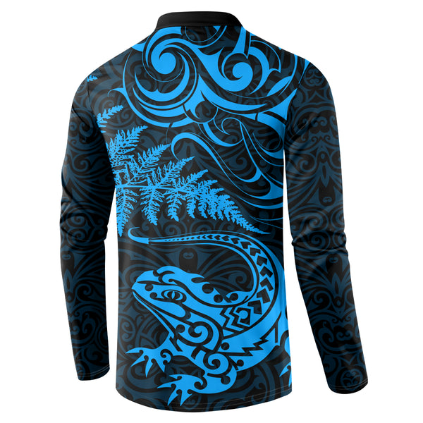 GLUDEAR Men's Polynesian Tribal Print Zip Hoodie - Long Sleeve, Oversized Fit, Blue Floral Design