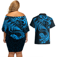 New Zealand Tuatara Tribal Tattoo Couples Matching Off Shoulder Short Dress and Hawaiian Shirt Silver Fern and Maori Pattern Blue Color
