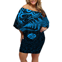 New Zealand Tuatara Tribal Tattoo Family Matching Off Shoulder Short Dress and Hawaiian Shirt Silver Fern and Maori Pattern Blue Color