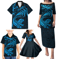 New Zealand Tuatara Tribal Tattoo Family Matching Puletasi and Hawaiian Shirt Silver Fern and Maori Pattern Blue Color