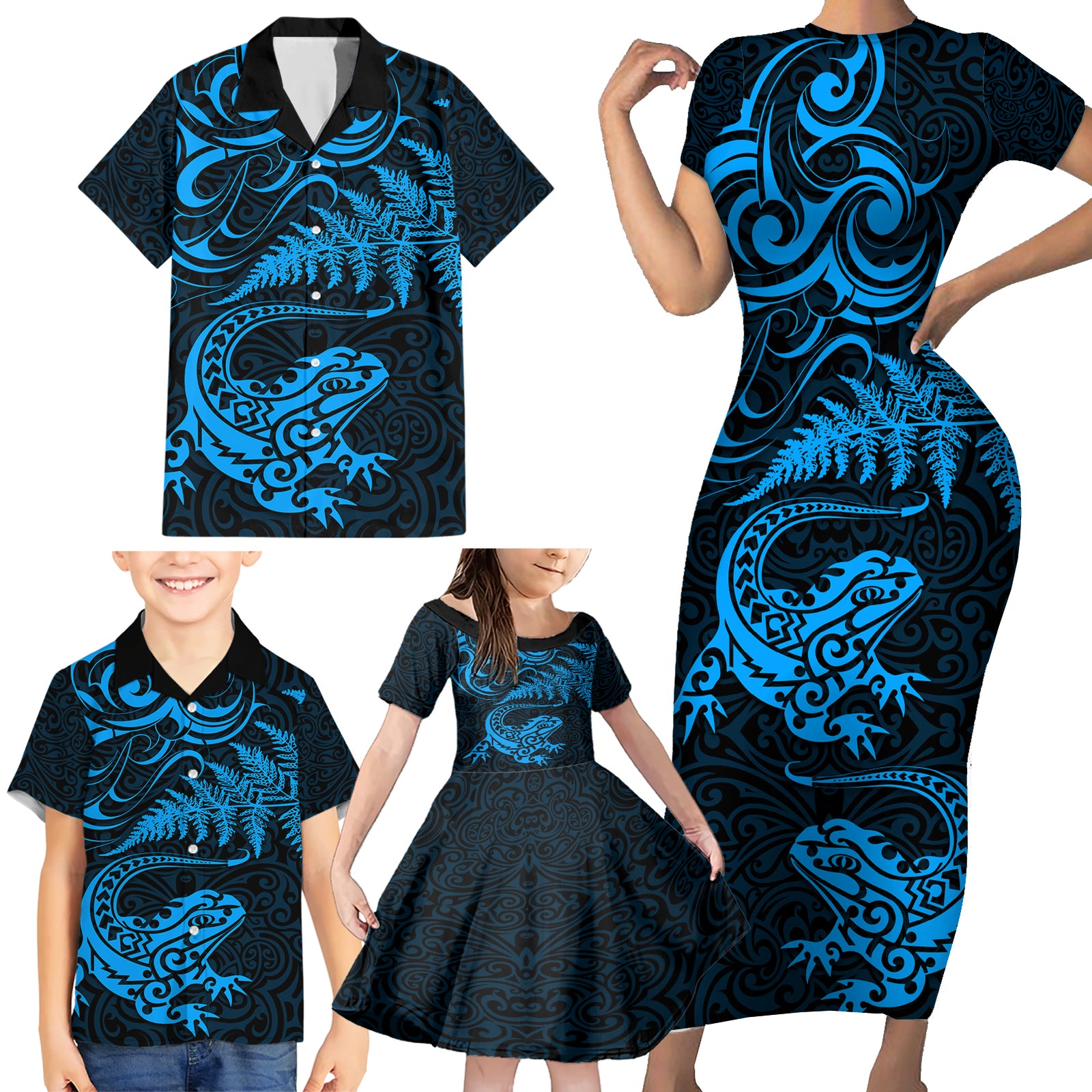 New Zealand Tuatara Tribal Tattoo Family Matching Short Sleeve Bodycon Dress and Hawaiian Shirt Silver Fern and Maori Pattern Blue Color LT03 - Polynesian Pride