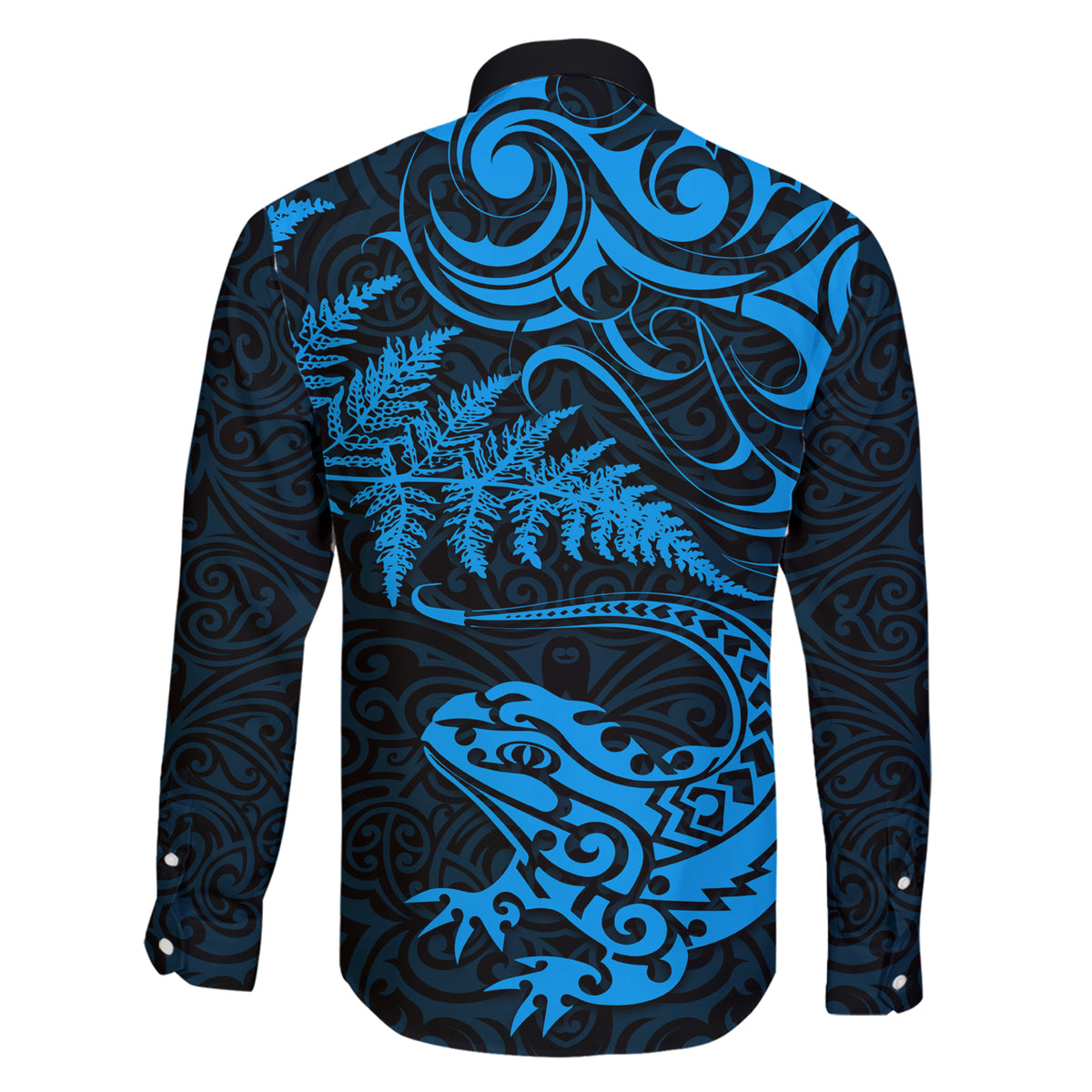 New Zealand Tuatara Tribal Tattoo Family Matching Short Sleeve Bodycon Dress and Hawaiian Shirt Silver Fern and Maori Pattern Blue Color