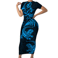 New Zealand Tuatara Tribal Tattoo Family Matching Short Sleeve Bodycon Dress and Hawaiian Shirt Silver Fern and Maori Pattern Blue Color