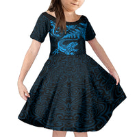 New Zealand Tuatara Tribal Tattoo Family Matching Summer Maxi Dress and Hawaiian Shirt Silver Fern and Maori Pattern Blue Color