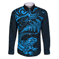 New Zealand Tuatara Tribal Tattoo Family Matching Summer Maxi Dress and Hawaiian Shirt Silver Fern and Maori Pattern Blue Color