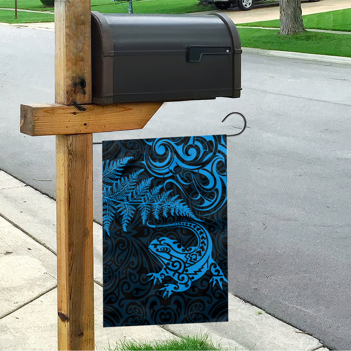 New Zealand Tuatara Tribal Tattoo Garden Flag Silver Fern and Maori Pattern Blue Color