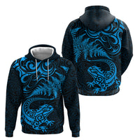 New Zealand Tuatara Tribal Tattoo Hoodie Silver Fern and Maori Pattern Blue Color