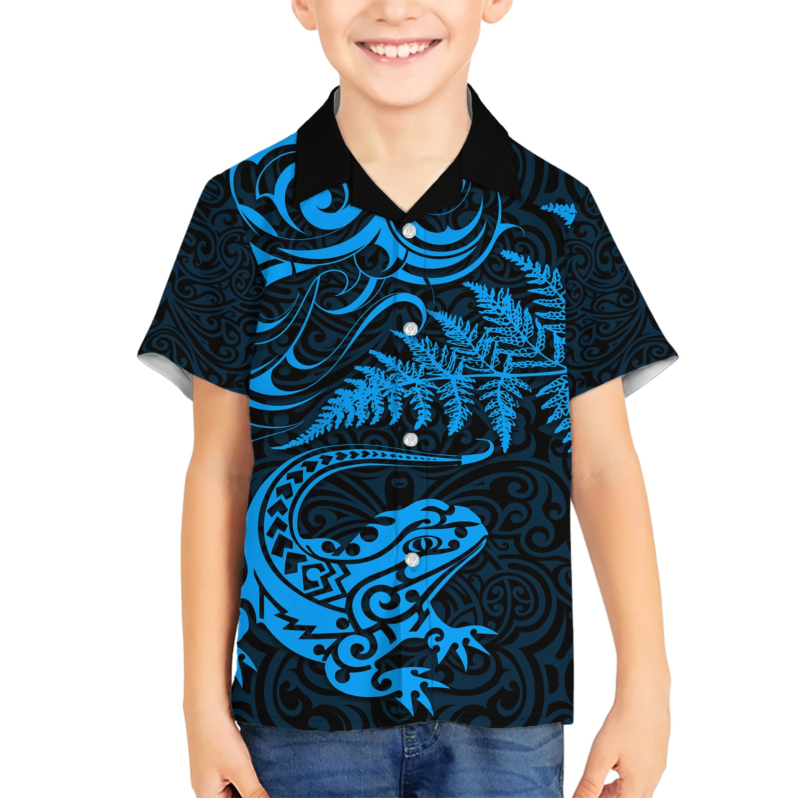 New Zealand Tuatara Tribal Tattoo Kid Hawaiian Shirt Silver Fern and Maori Pattern Blue Color LT03 Kid Blue - Polynesian Pride