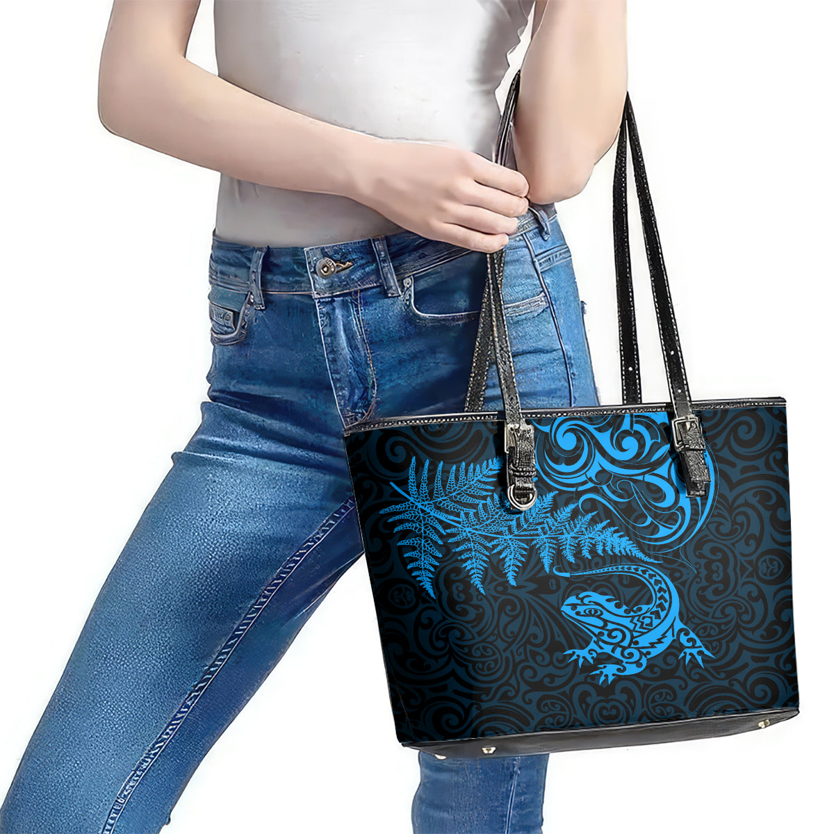New Zealand Tuatara Tribal Tattoo Leather Tote Bag Silver Fern and Maori Pattern Blue Color