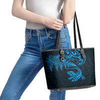 New Zealand Tuatara Tribal Tattoo Leather Tote Bag Silver Fern and Maori Pattern Blue Color