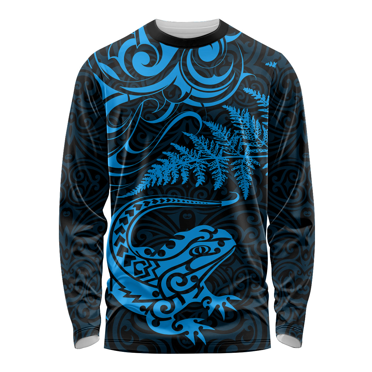 New Zealand Tuatara Tribal Tattoo Long Sleeve Shirt Silver Fern and Maori Pattern Blue Color