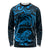 New Zealand Tuatara Tribal Tattoo Long Sleeve Shirt Silver Fern and Maori Pattern Blue Color