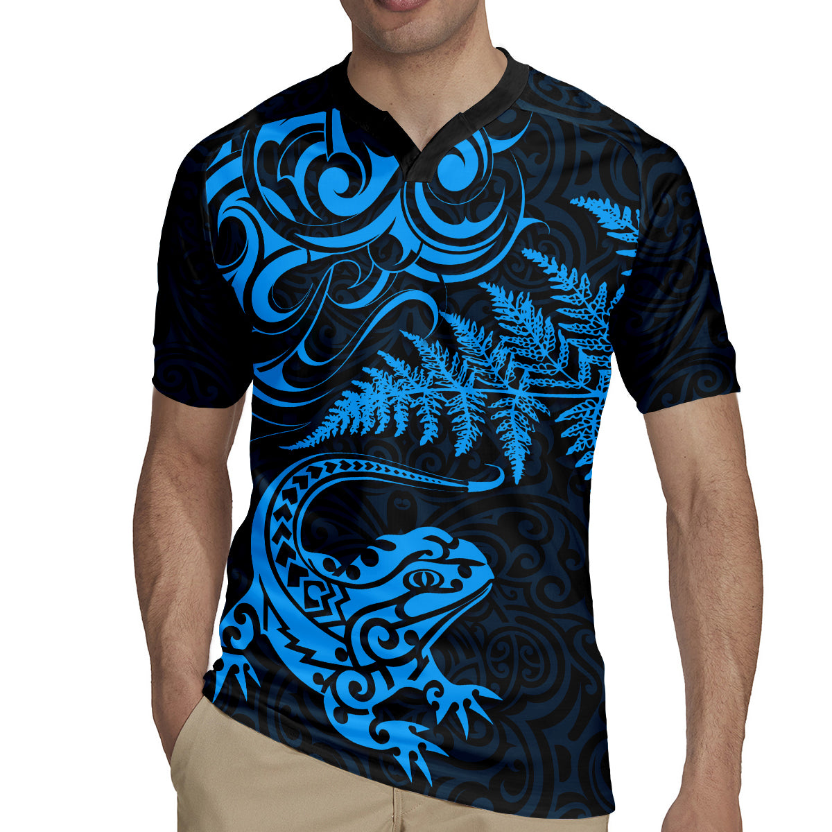 New Zealand Tuatara Tribal Tattoo Rugby Jersey Silver Fern and Maori Pattern Blue Color