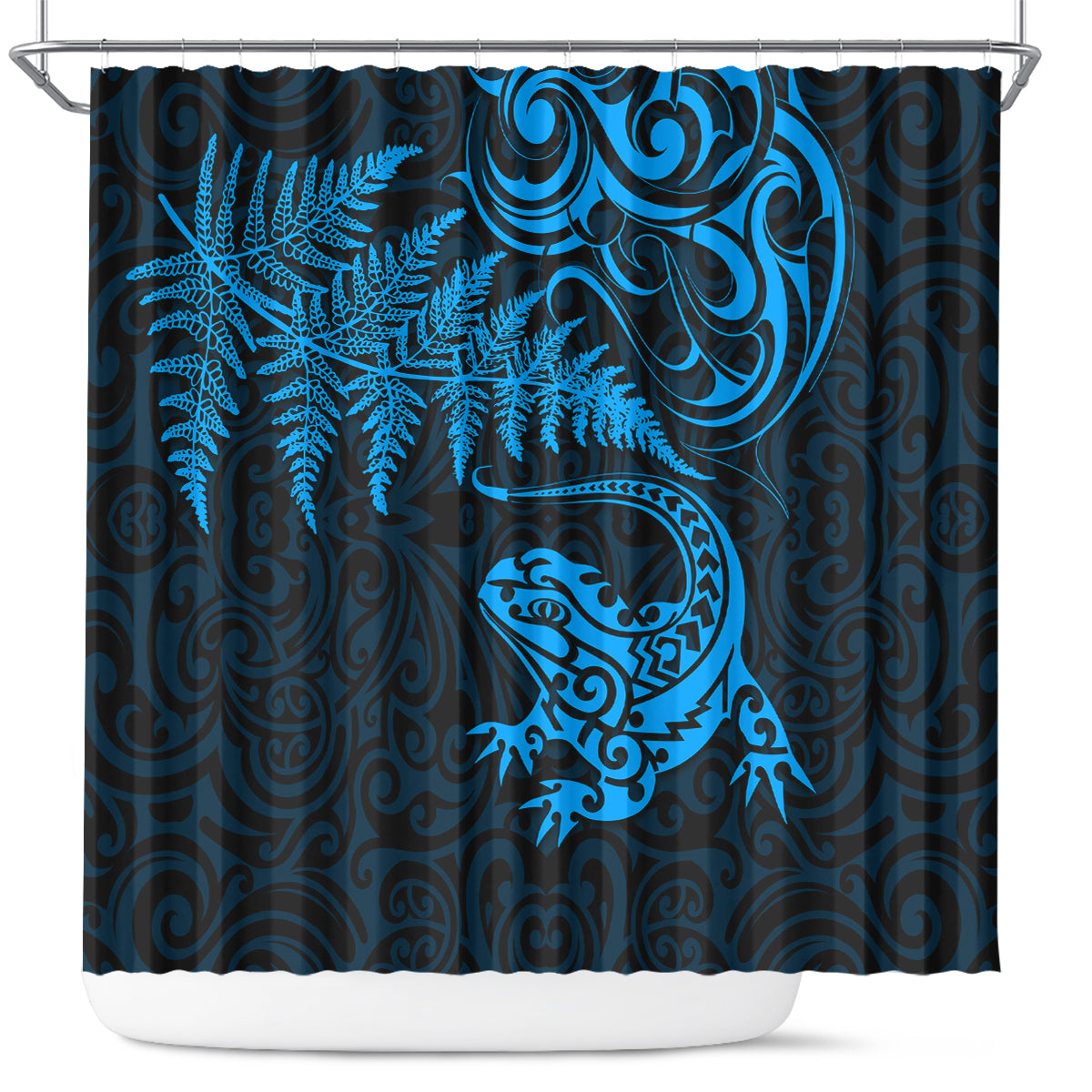 New Zealand Tuatara Tribal Tattoo Shower Curtain Silver Fern and Maori Pattern Blue Color