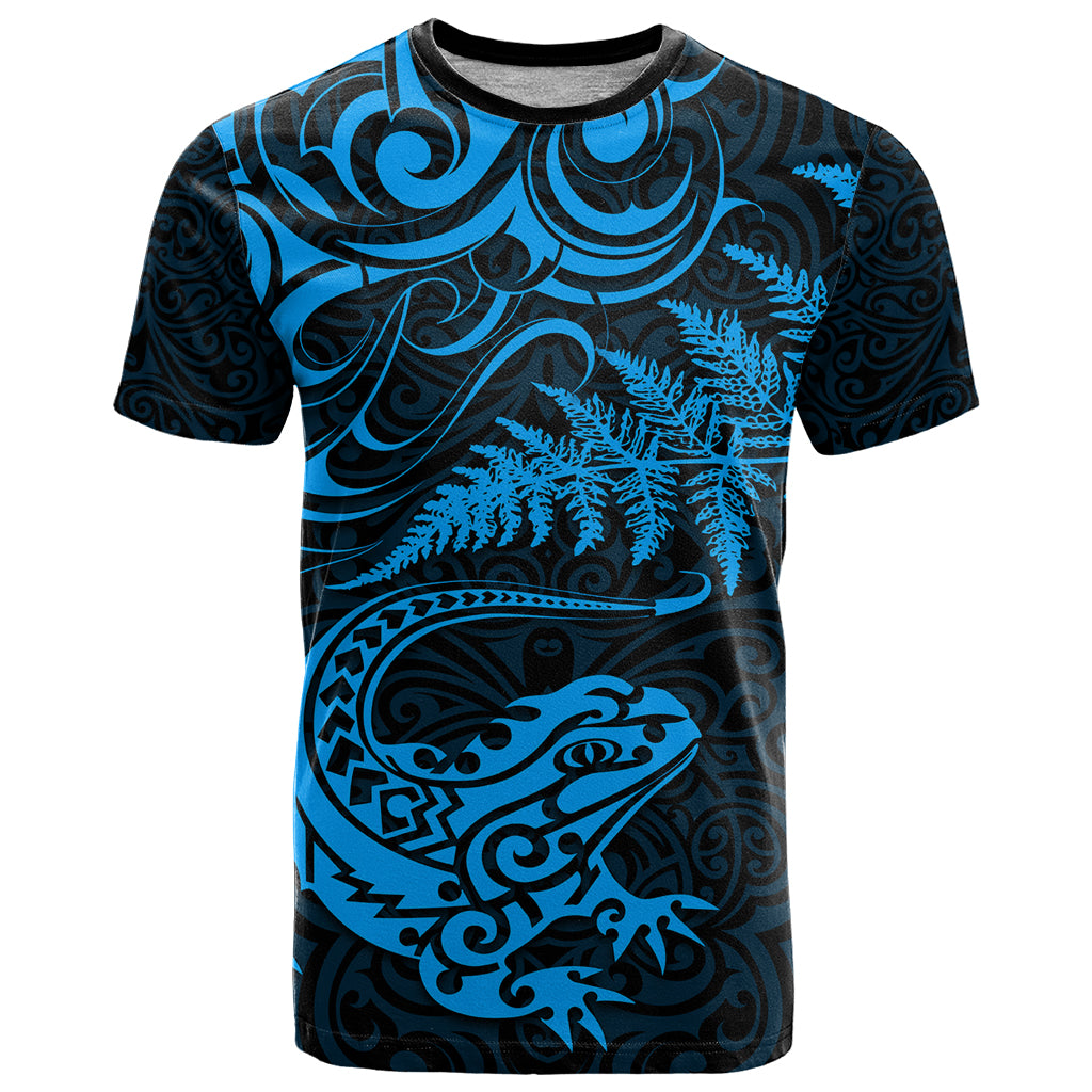 New Zealand Tuatara Tribal Tattoo T Shirt Silver Fern and Maori Pattern Blue Color LT03 Blue - Polynesian Pride