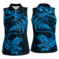 New Zealand Tuatara Tribal Tattoo Women Sleeveless Polo Shirt Silver Fern and Maori Pattern Blue Color
