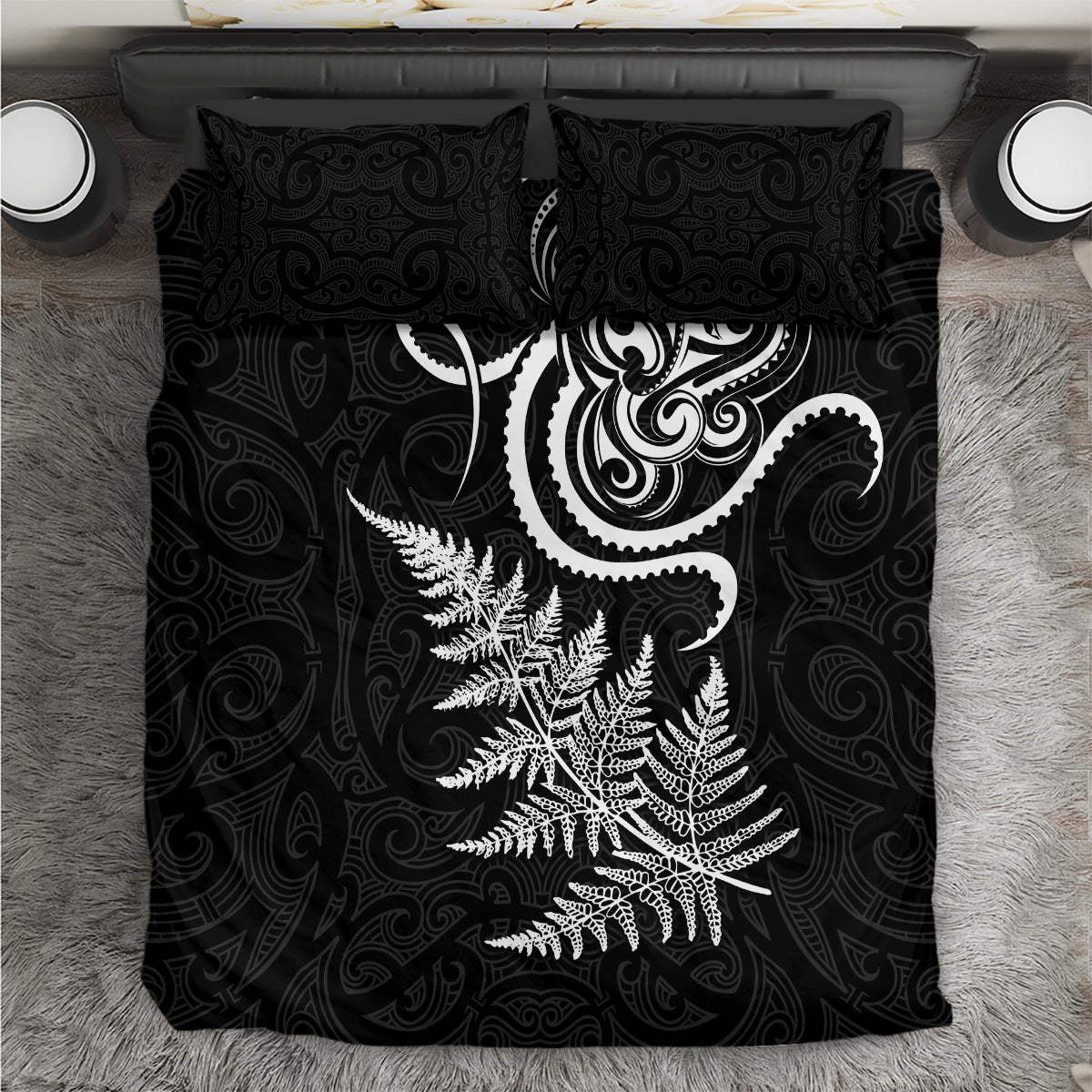 New Zealand Octopus Tattoo and Fern Bedding Set Maori Pattern LT03 Black - Polynesian Pride