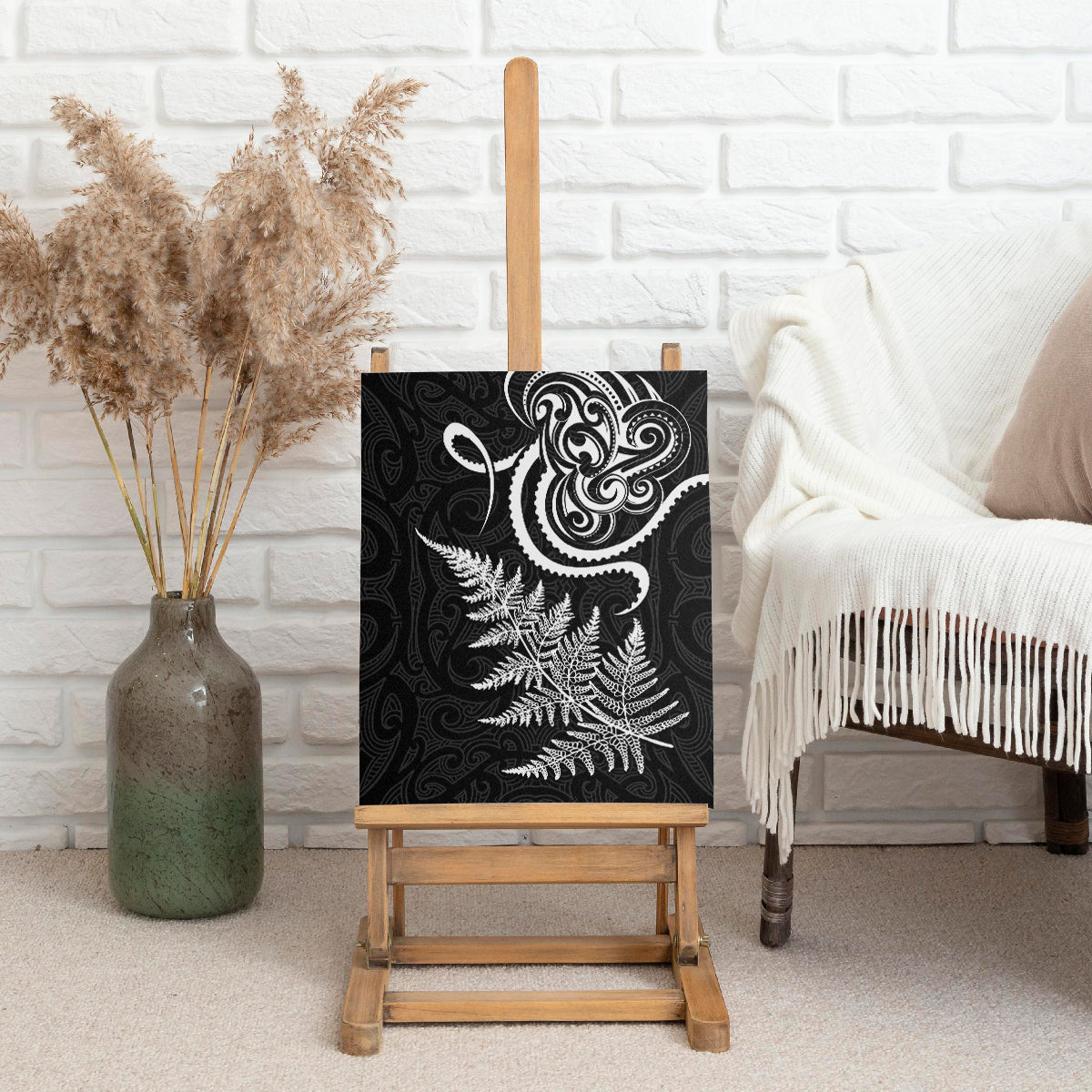 New Zealand Octopus Tattoo and Fern Canvas Wall Art Maori Pattern