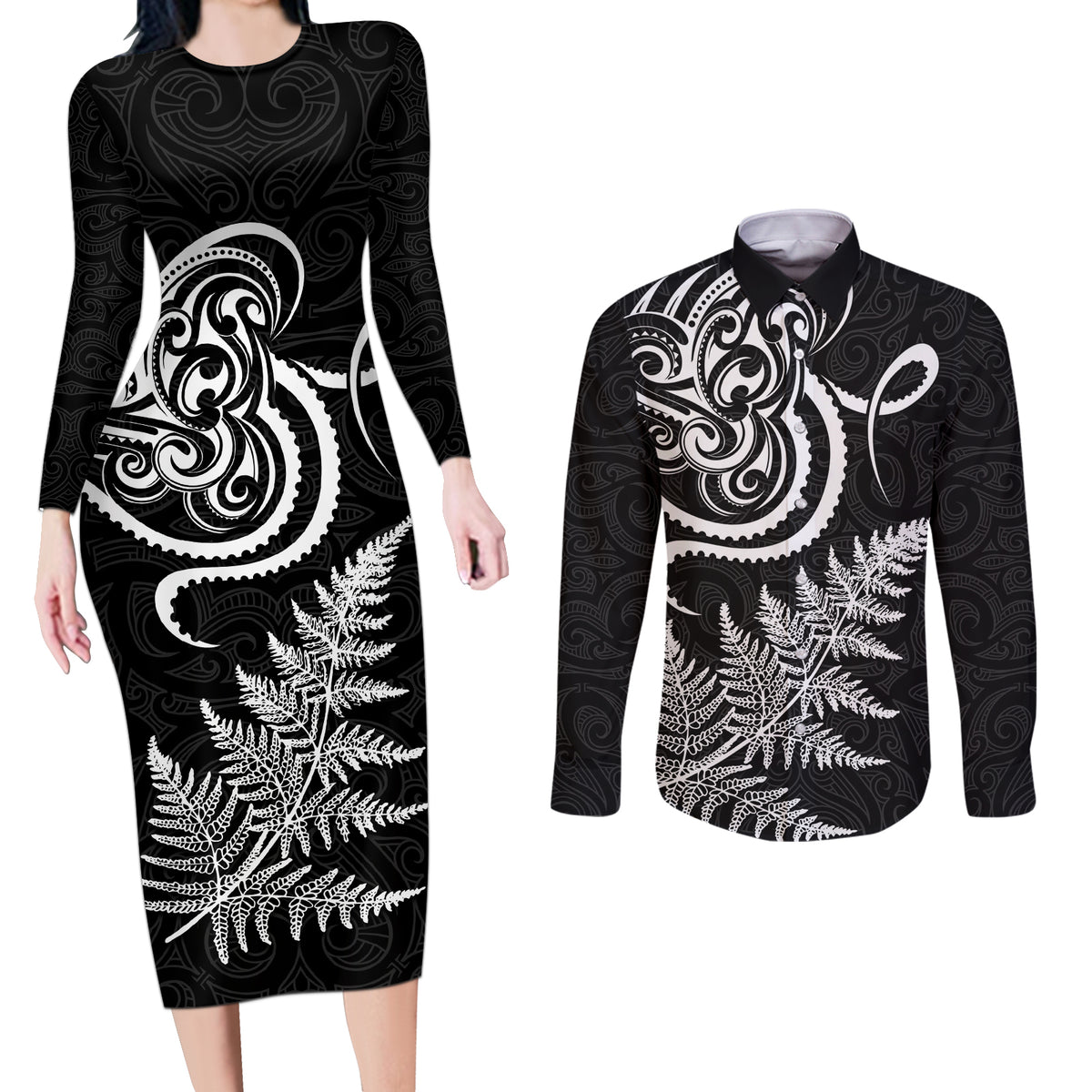 New Zealand Octopus Tattoo and Fern Couples Matching Long Sleeve Bodycon Dress and Long Sleeve Button Shirt Maori Pattern