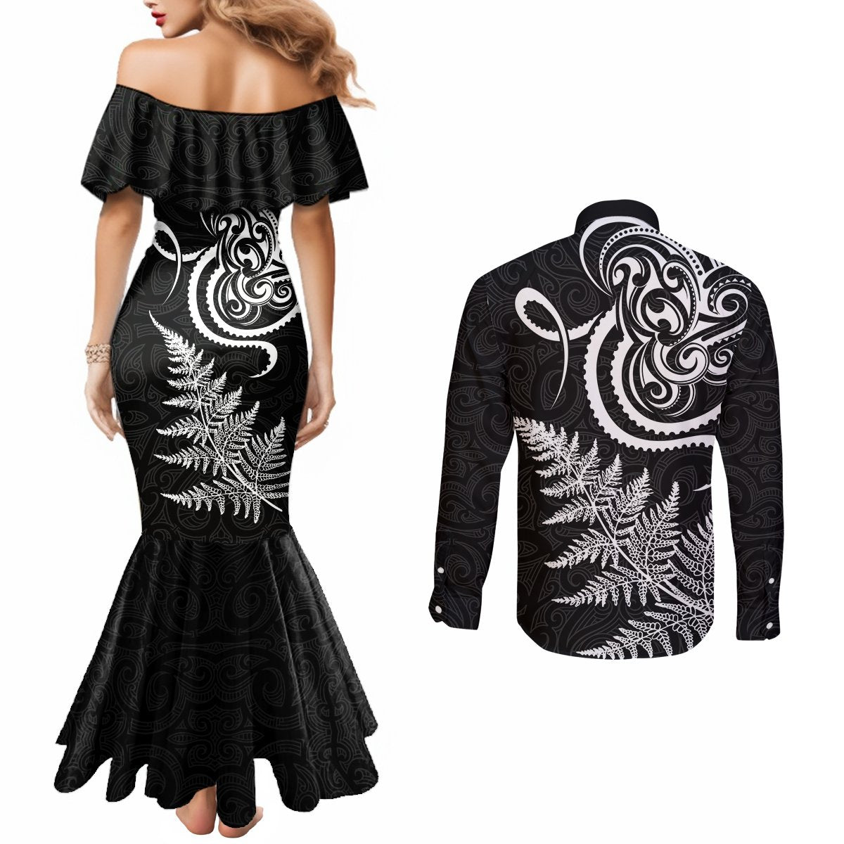 New Zealand Octopus Tattoo and Fern Couples Matching Mermaid Dress and Long Sleeve Button Shirt Maori Pattern