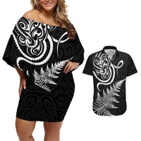 New Zealand Octopus Tattoo and Fern Couples Matching Off Shoulder Short Dress and Hawaiian Shirt Maori Pattern