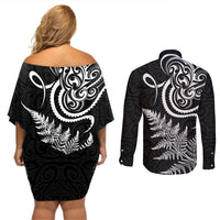 New Zealand Octopus Tattoo and Fern Couples Matching Off Shoulder Short Dress and Long Sleeve Button Shirt Maori Pattern