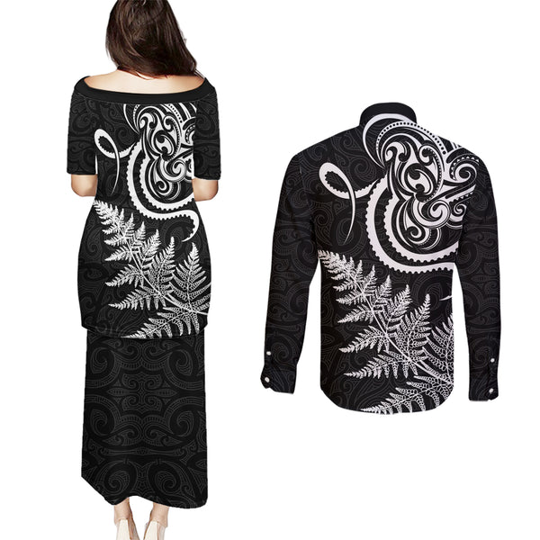 New Zealand Couples Matching Puletasi Dress and Long Sleeve Button Shirts Silver Fern and Hei Tiki with Papua Shell Maori Tribal LT03 main image 0