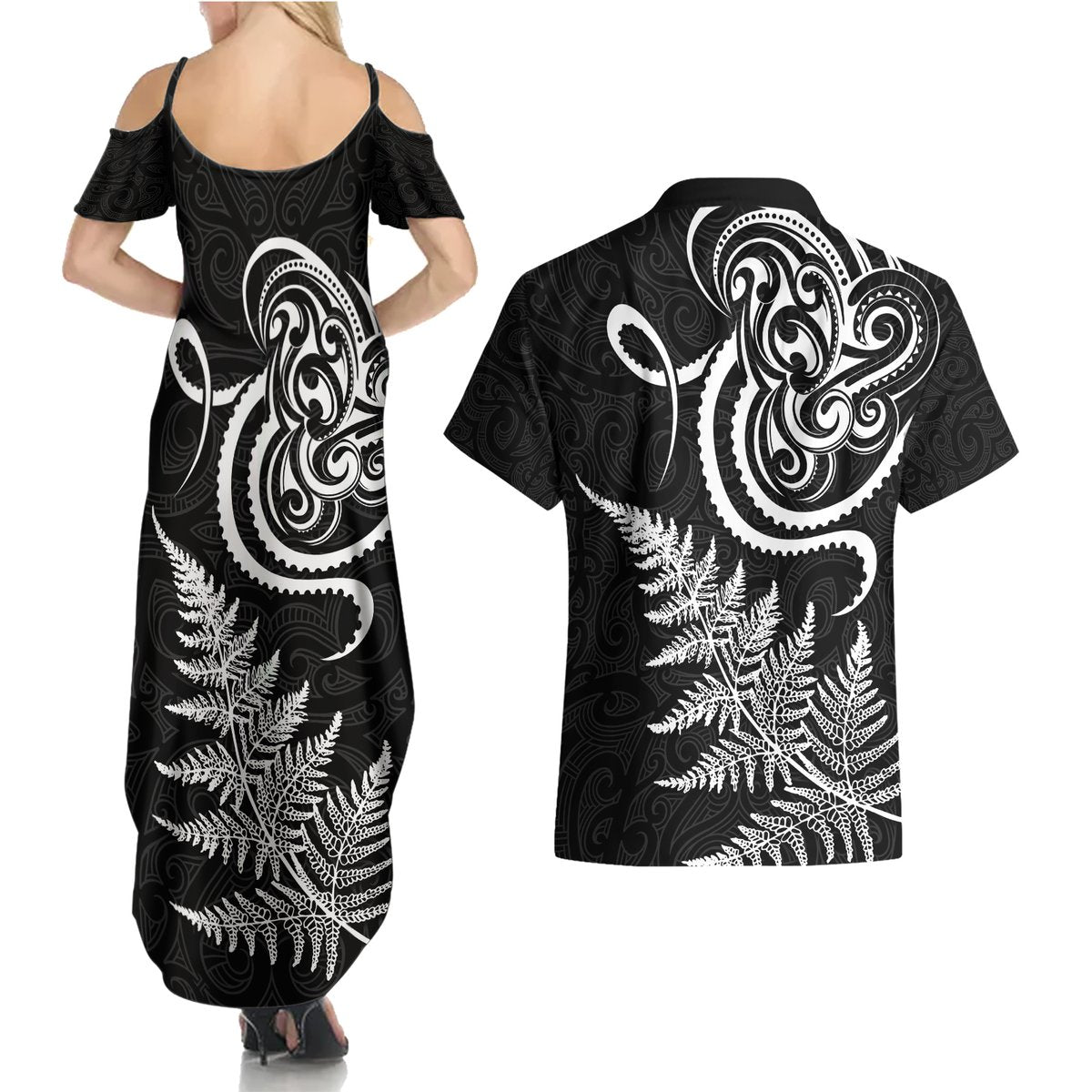 New Zealand Octopus Tattoo and Fern Couples Matching Summer Maxi Dress and Hawaiian Shirt Maori Pattern