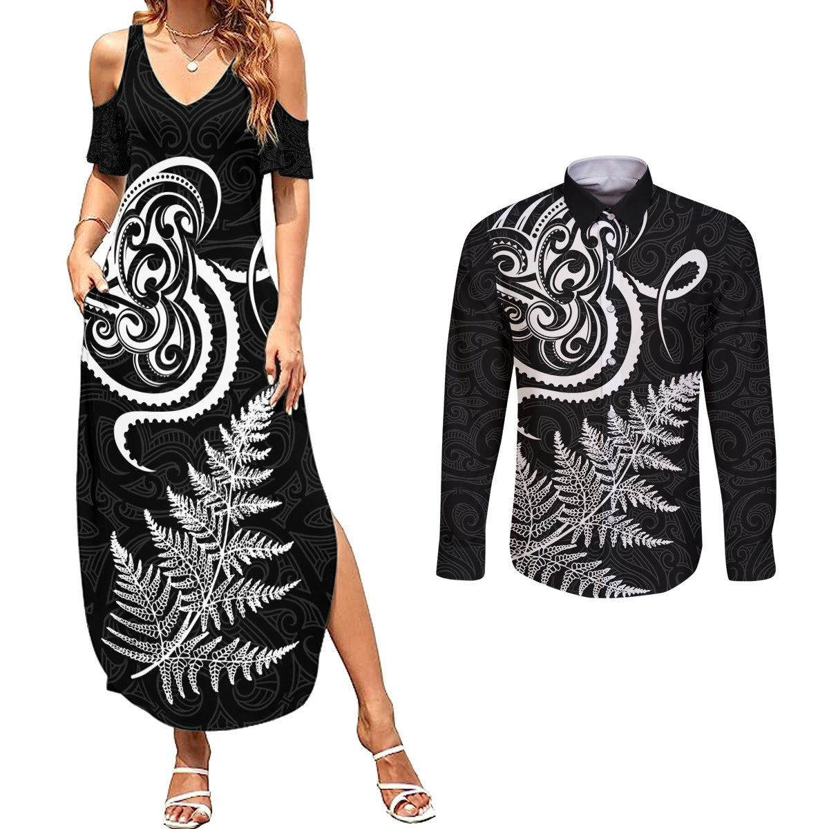 New Zealand Octopus Tattoo and Fern Couples Matching Summer Maxi Dress and Long Sleeve Button Shirt Maori Pattern