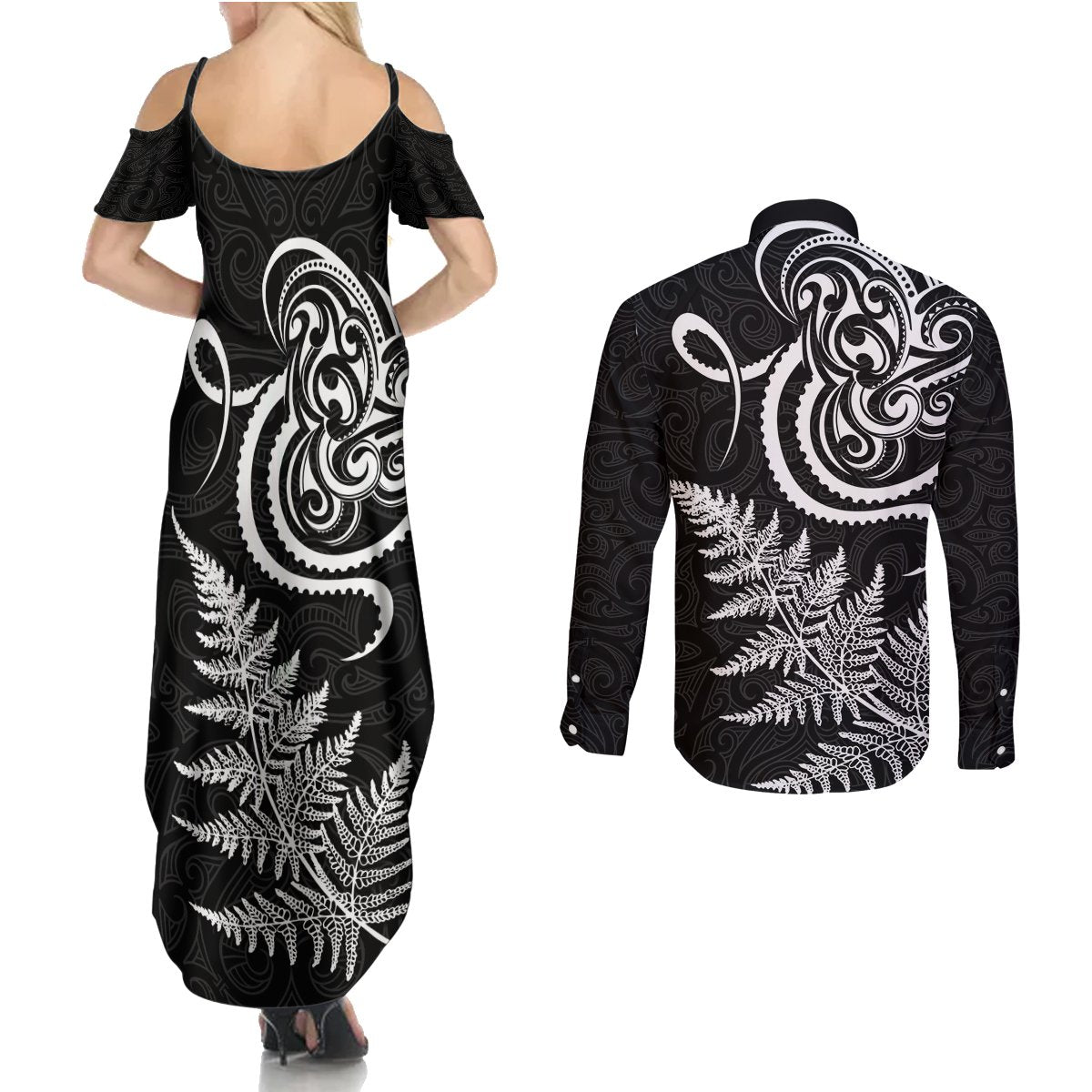 New Zealand Octopus Tattoo and Fern Couples Matching Summer Maxi Dress and Long Sleeve Button Shirt Maori Pattern