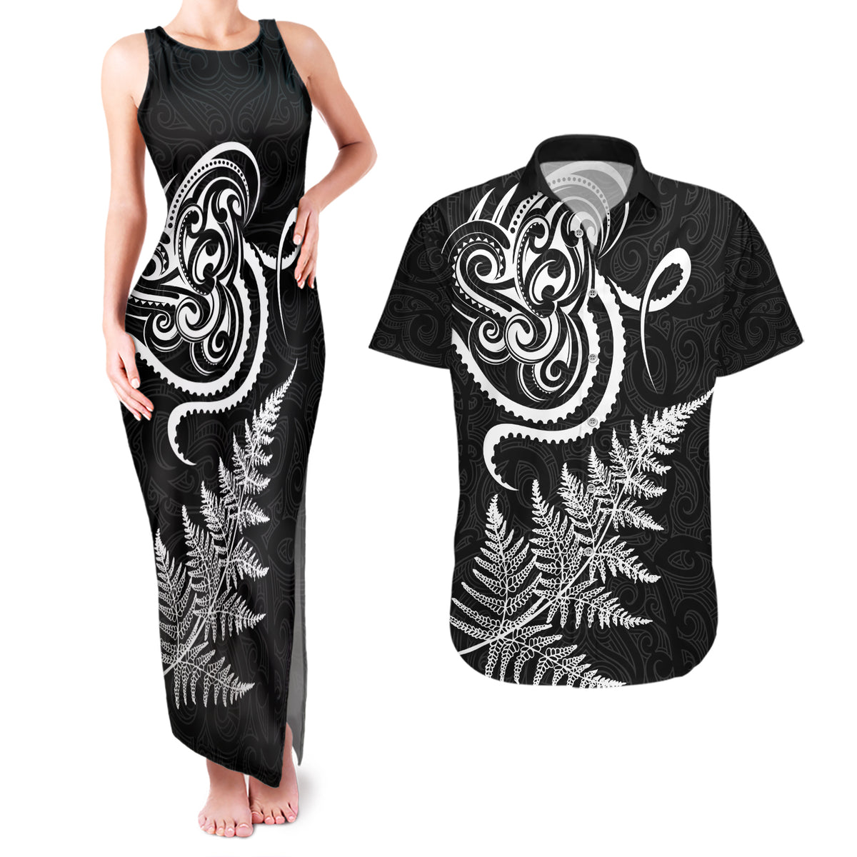 New Zealand Octopus Tattoo and Fern Couples Matching Tank Maxi Dress and Hawaiian Shirt Maori Pattern